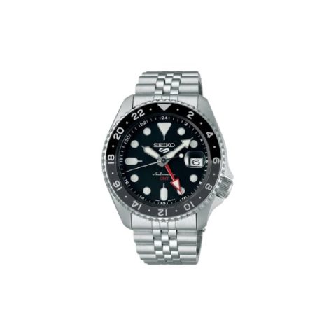 Reloj Seiko 5 Sports SSK001K1 con esfera negra y bisel bicolor negro y gris, visto de frente