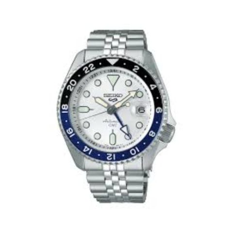 Reloj Seiko 5 Sports SSK033K1 con esfera blanca y bisel bicolor azul y negro, visto de frente