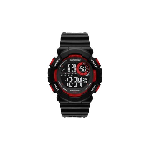 Reloj Skechers SR1172 con esfera digital con acentos rojos y correa de silicona negra, visto de frente