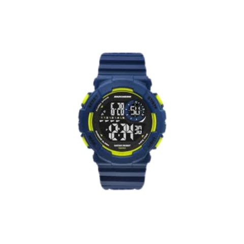 Reloj Skechers SR1173 con esfera digital con acentos verde lima y caja y correa azul marino, visto de frente