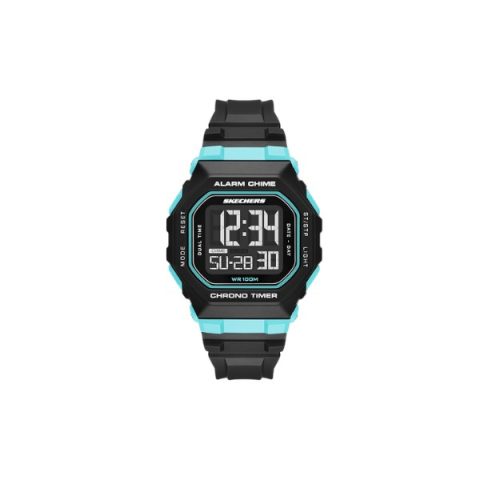 Reloj Skechers SR1187 con caja rectangular negra y turquesa con esfera digital, doble hora y cronómetro, visto de frente