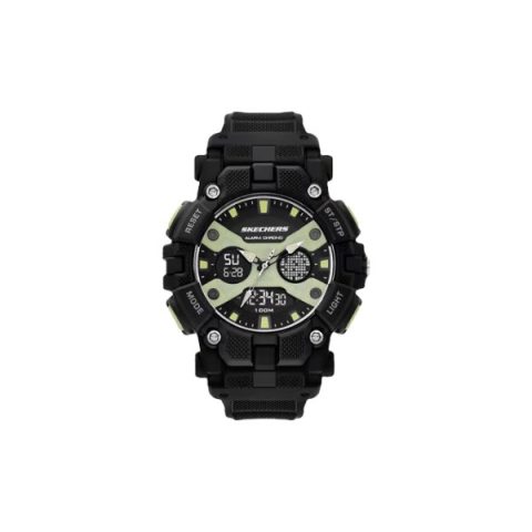 Reloj Skechers SR1190 con caja robusta negra con detalles verde lima y esfera analógica y digital, visto de frente