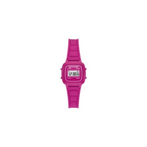 Reloj Skechers SR2140 con caja cuadrada pequeña fucsia con esfera digital, visto de frente