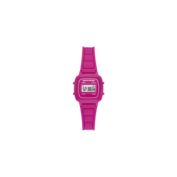 Reloj Skechers SR2140 con caja cuadrada pequeña fucsia con esfera digital, visto de frente