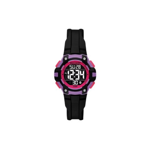 Reloj Skechers SR2148 con caja negra con detalles fucsia y lila y esfera digital, visto de frente