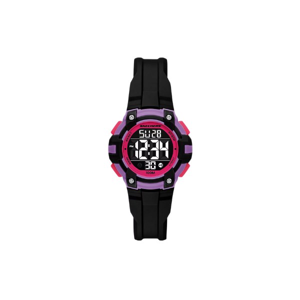 Reloj Skechers SR2148 con caja negra con detalles fucsia y lila y esfera digital, visto de frente