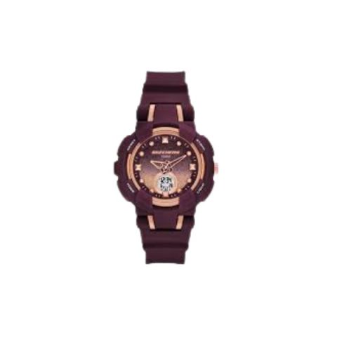 Reloj Skechers SR2155 con caja ciruela con detalles en oro rosado y esfera analógica y digital, visto de frente