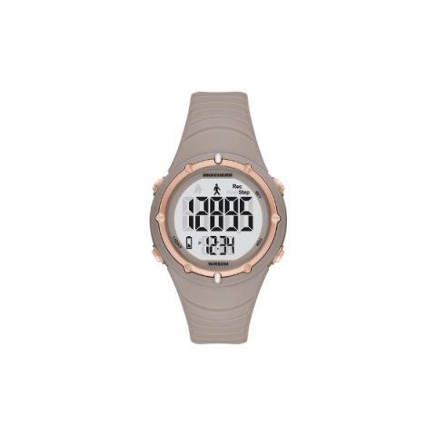 Reloj Skechers SR2158 con podómetro en la esfera digital, caja gris con aro en oro rosado, visto de frente