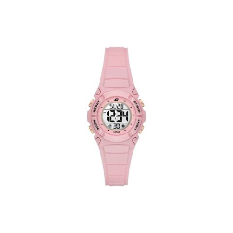 Reloj Skechers SR2164 con caja y correa rosa empolvado con esfera digital clara, visto de frente