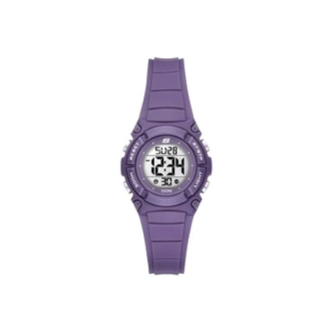 Reloj Skechers SR2165 con caja y correa lila con esfera digital clara, visto de frente