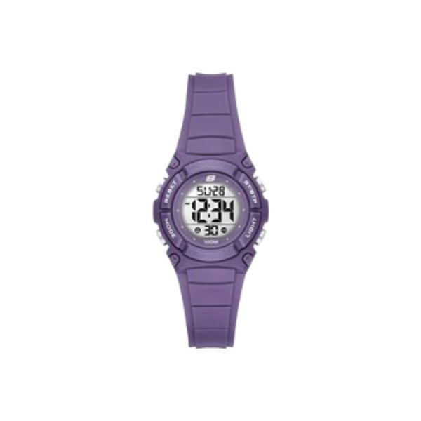 Reloj Skechers SR2165 con caja y correa lila con esfera digital clara, visto de frente