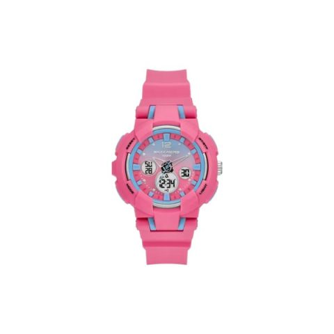 Reloj Skechers SR2169 con caja fucsia con detalles azules y esfera analógica y digital a la vez, visto de frente