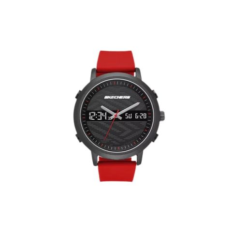 Reloj Skechers SR5073 con esfera analógica y digital a la vez, caja negra y correa de silicona roja, visto de frente
