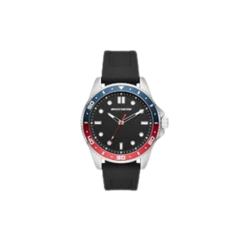 Reloj Skechers SR5141 con caja de acero, bisel giratorio azul y rojo y correa de silicona negra, visto de frente