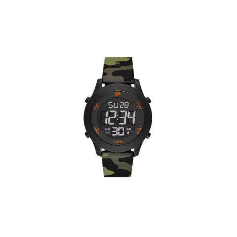 Reloj Skechers SR5144 con esfera digital negra con detalles naranjas y correa de silicona camuflaje, visto de frente
