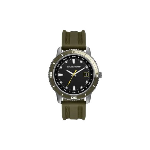 Reloj Skechers SR5234 con bisel giratorio verde militar, esfera negra con fecha y correa a juego, visto de frente