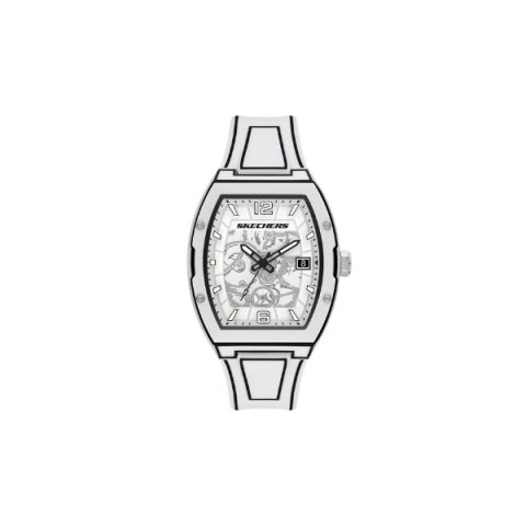 Reloj Skechers SR5248 con caja de barril blanca con esfera calada que deja ver el mecanismo, visto de frente