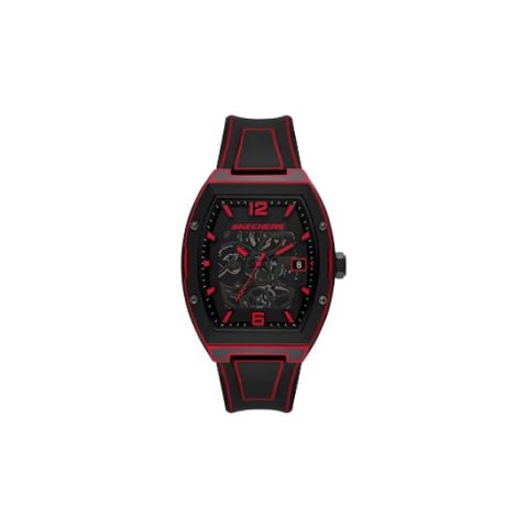 Reloj Skechers SR5249 con caja de barril negra y roja con esfera calada que deja ver el mecanismo, visto de frente