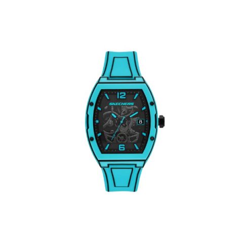 Reloj Skechers SR5250 con caja de barril turquesa con esfera calada que deja ver el mecanismo, visto de frente