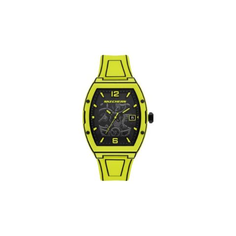 Reloj Skechers SR5251 con caja de barril verde lima con esfera calada que deja ver el mecanismo, visto de frente