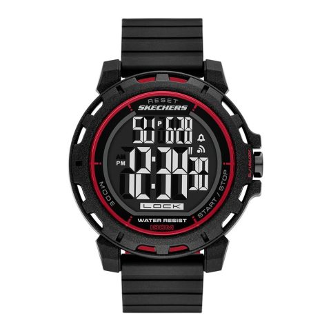 Reloj Skechers Newkirk SR5253 digital negro con detalles en rojo, visto de frente