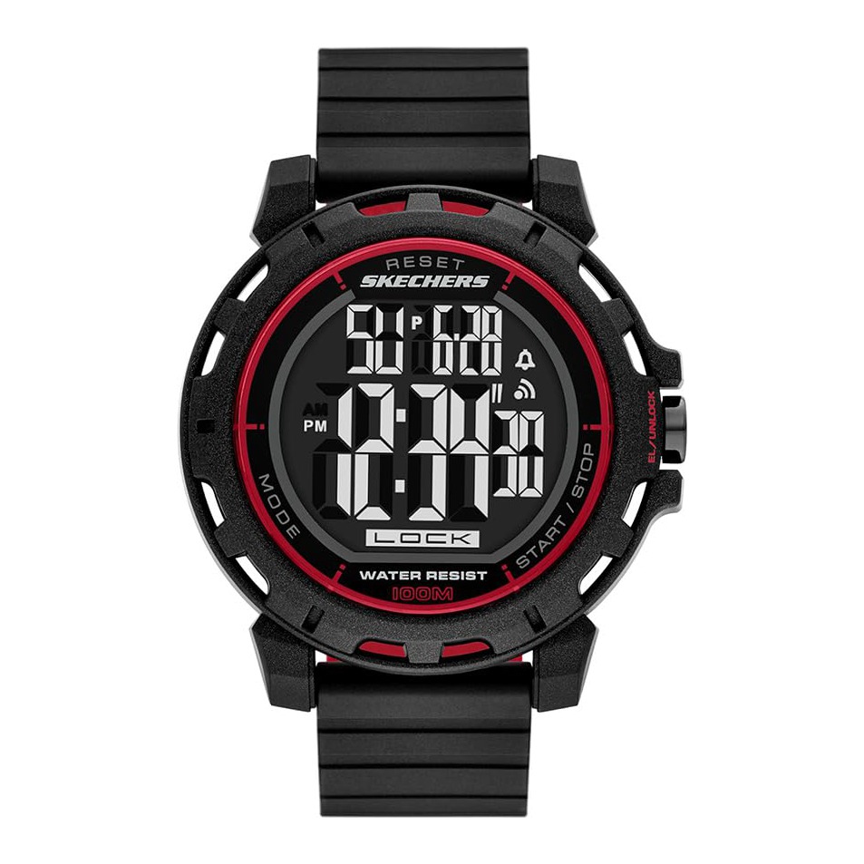 Reloj Skechers Newkirk SR5253 digital negro con detalles en rojo, visto de frente