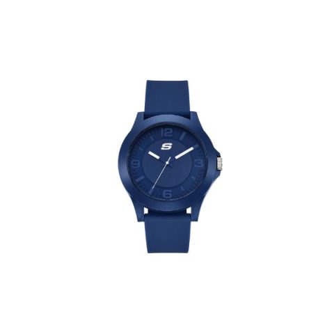 Reloj Skechers SR5256 con caja y correa azul marino de un solo color, con números en relieve, visto de frente