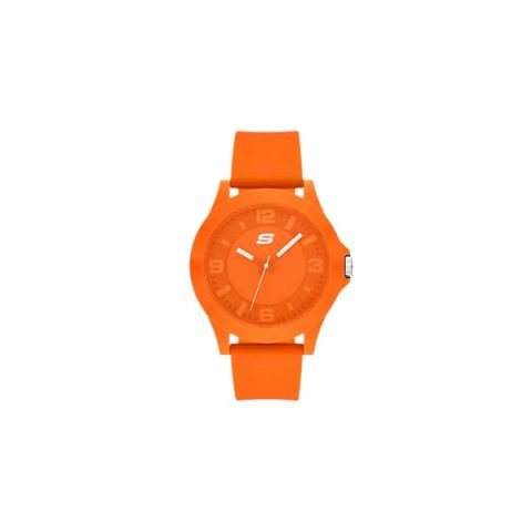 Reloj Skechers SR5257 con caja y correa naranja de un solo color, con números en relieve, visto de frente