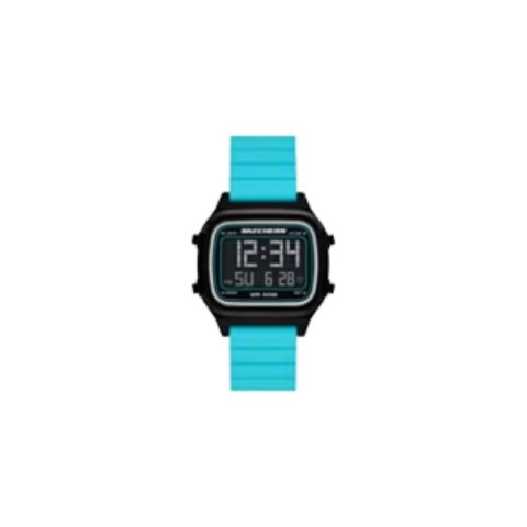 Reloj Skechers SR5259 con caja rectangular retro negra y correa de silicona turquesa, visto de frente