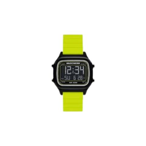 Reloj Skechers SR5260 con caja rectangular retro negra y correa de silicona verde lima, visto de frente