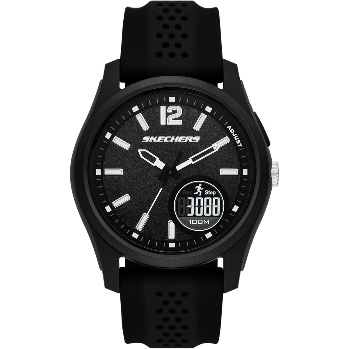 Reloj Skechers Sellas SR5268 negro analógico y digital con correa de silicona perforada, visto de frente