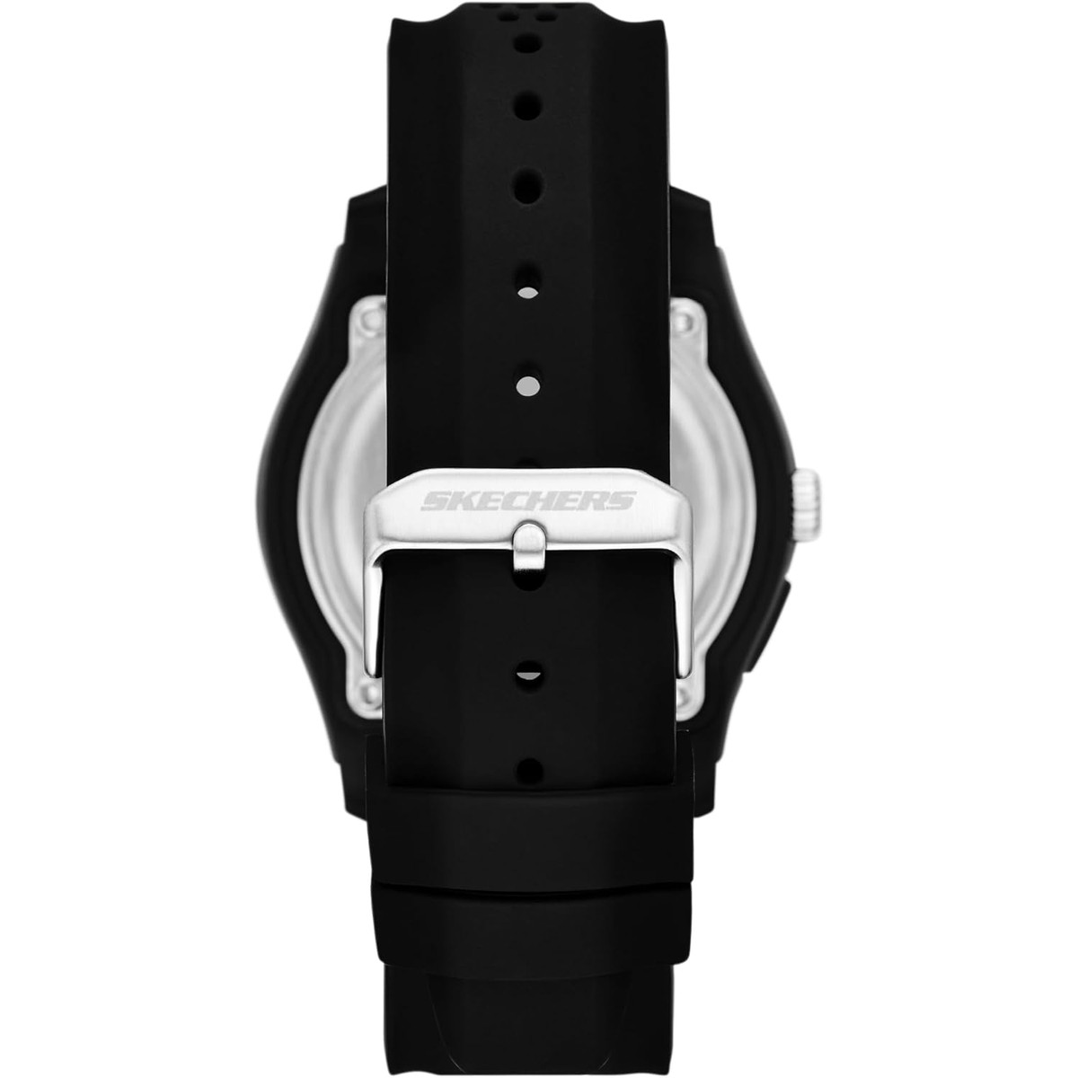 Reloj Skechers Sellas SR5268 negro analógico y digital con correa de silicona perforada, visto por detrás