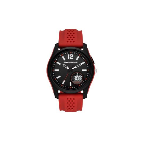 Reloj Skechers SR5269 con podómetro en la esfera, caja negra y correa de silicona roja perforada, visto de frente