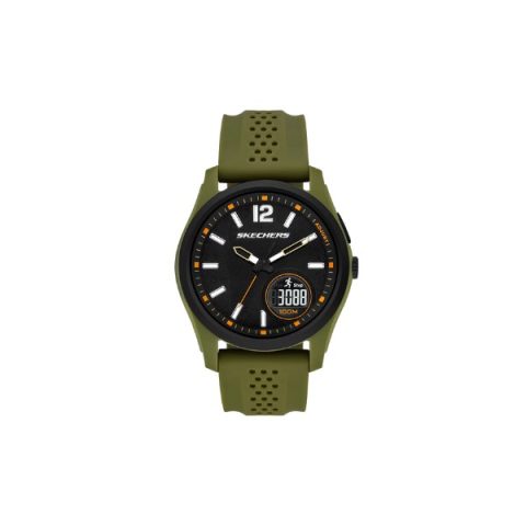 Reloj Skechers SR5270 con podómetro en la esfera, caja negra y correa de silicona verde militar perforada, visto de frente