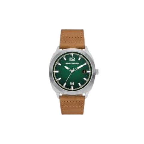 Reloj Skechers SR5274 con caja de acero, esfera verde con fecha y correa de cuero camel, visto de frente