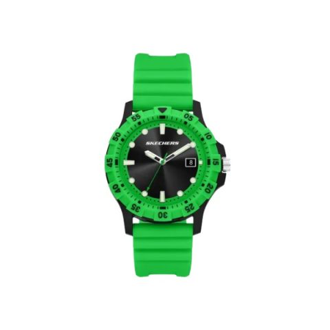 Reloj Skechers SR5289 con bisel giratorio verde, esfera negra con fecha y correa verde, visto de frente
