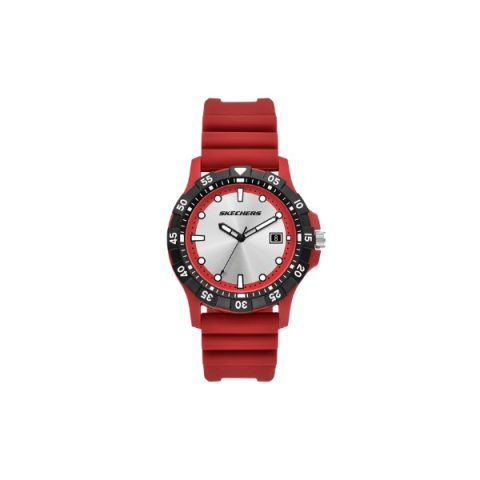 Reloj Skechers SR5290 con bisel giratorio negro, esfera plateada con fecha y correa roja, visto de frente