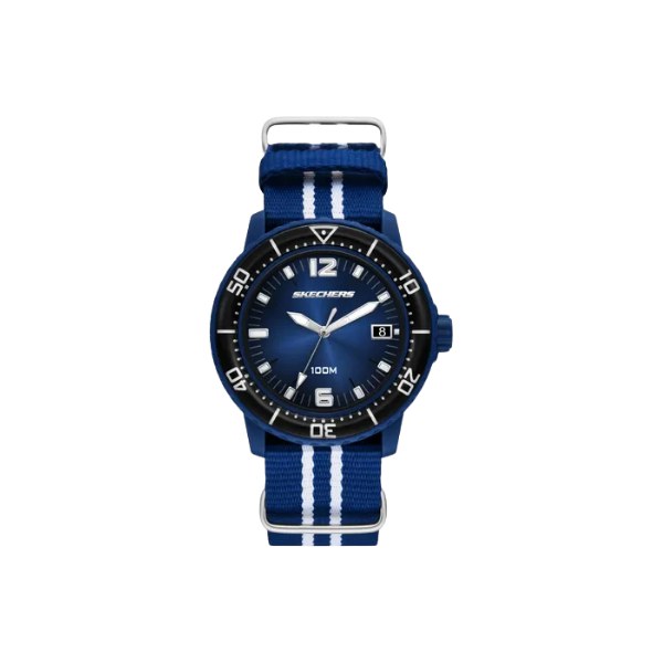 Reloj Skechers SR5292 con caja azul, bisel giratorio negro y correa de nylon azul y blanca, visto de frente