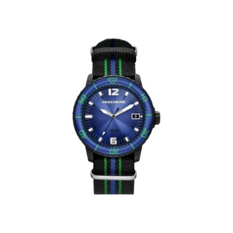 Reloj Skechers SR5293 con caja negra, esfera azul y correa de nylon negra con rayas azules y verdes, visto de frente