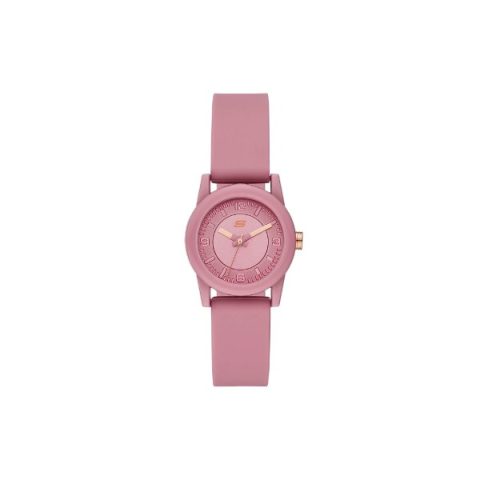 Reloj Skechers SR6201 con caja y correa rosa de un solo color, con números en relieve, visto de frente