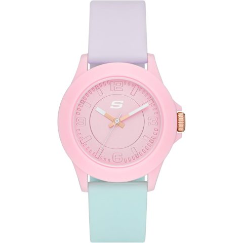 Reloj Skechers Rosencrans SR6215 rosa con correa de silicona lila y verde agua, visto de frente