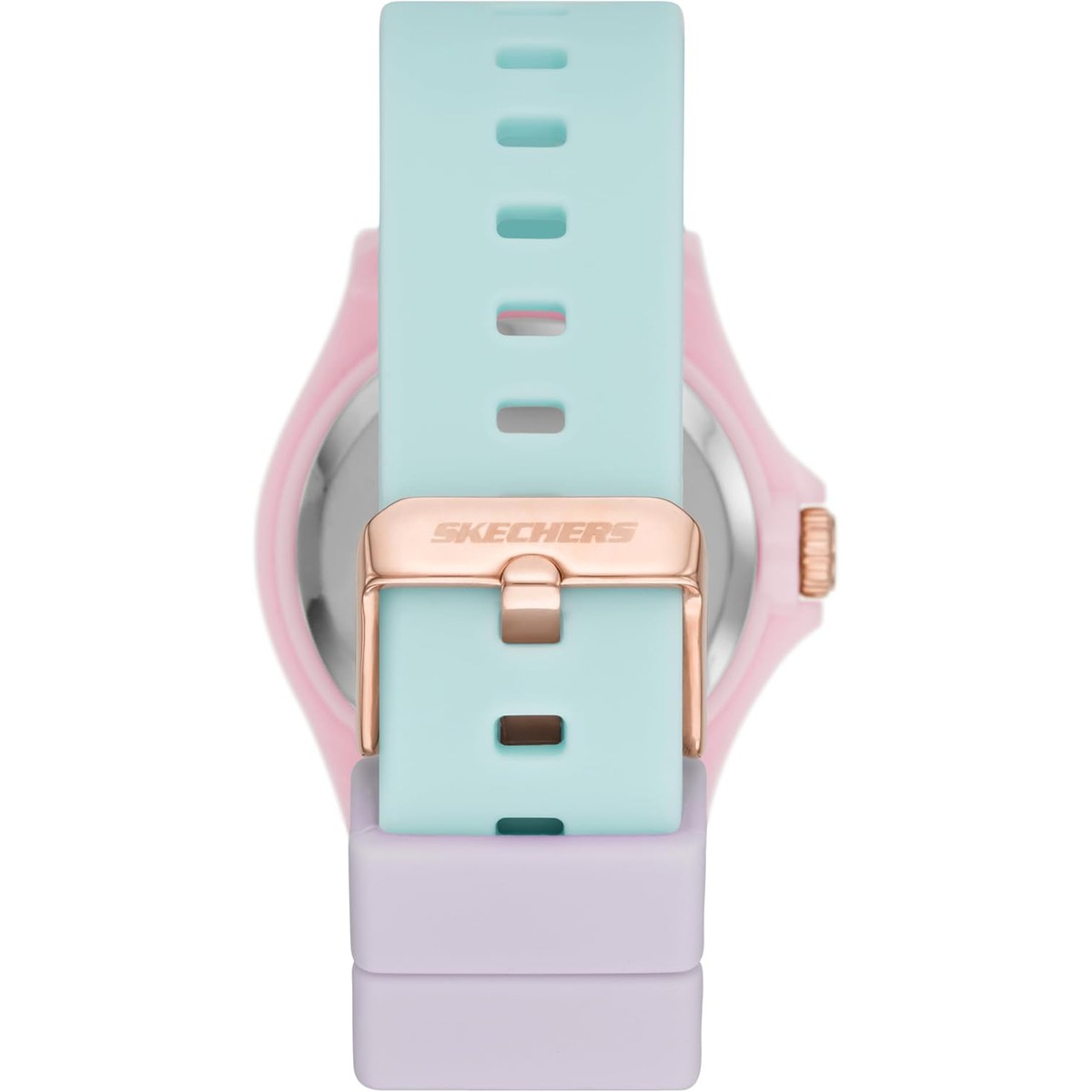 Reloj Skechers Rosencrans SR6215 rosa con correa de silicona lila y verde agua, visto por detrás