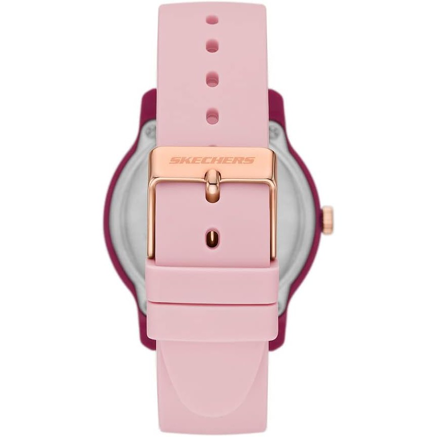 Reloj Skechers SR6266 rosa con esfera en oro rosado degradado y correa de silicona, visto por detrás