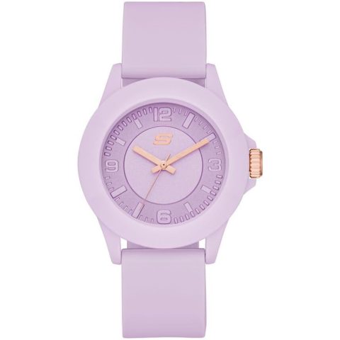 Reloj Skechers SR6286 lila con caja y correa de silicona del mismo tono, visto de frente