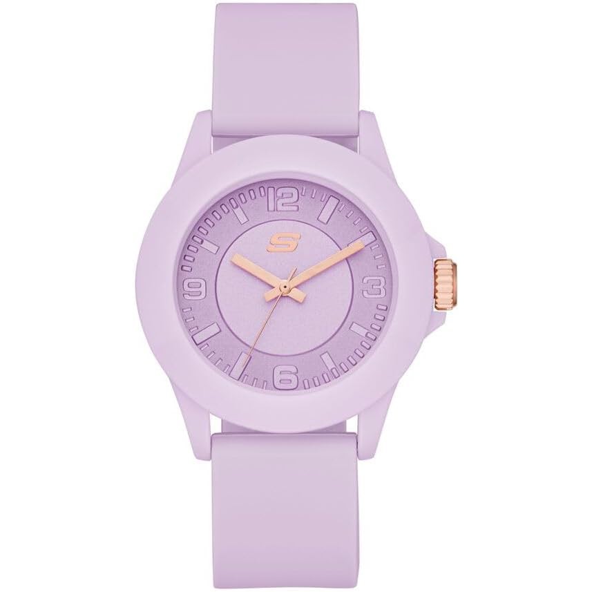Reloj Skechers SR6286 lila con caja y correa de silicona del mismo tono, visto de frente