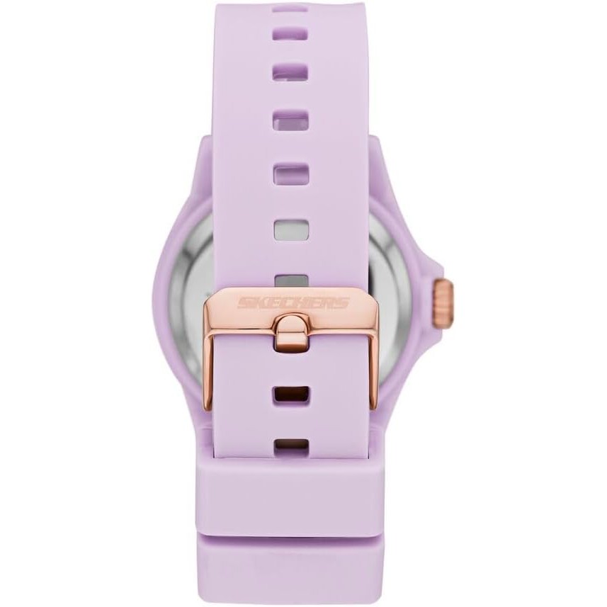 Reloj Skechers SR6286 lila con caja y correa de silicona del mismo tono, visto por detrás