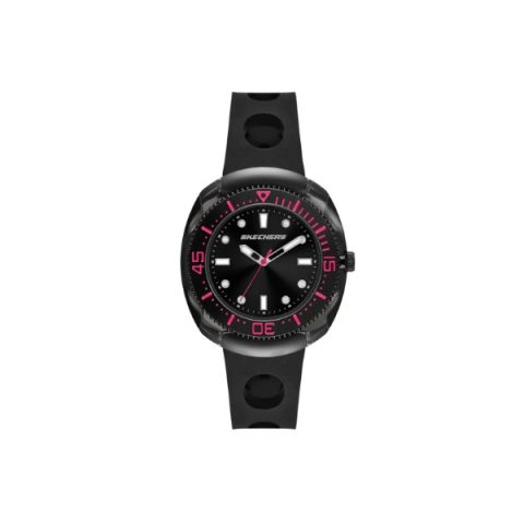 Reloj Skechers SR6318 con bisel negro con marcas fucsia, esfera negra y correa de silicona perforada, visto de frente