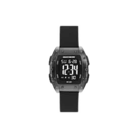 Reloj Skechers SR6322 con caja rectangular ahumada con esfera digital y correa de silicona negra, visto de frente