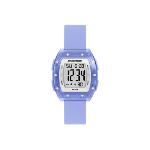Reloj Skechers SR6323 con caja rectangular lila translúcida con cristales y esfera digital clara, visto de frente