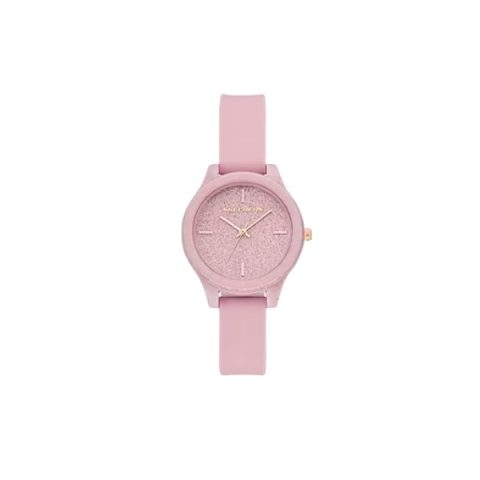 Reloj Skechers SR6335 con esfera rosa con purpurina y correa de silicona rosa, visto de frente